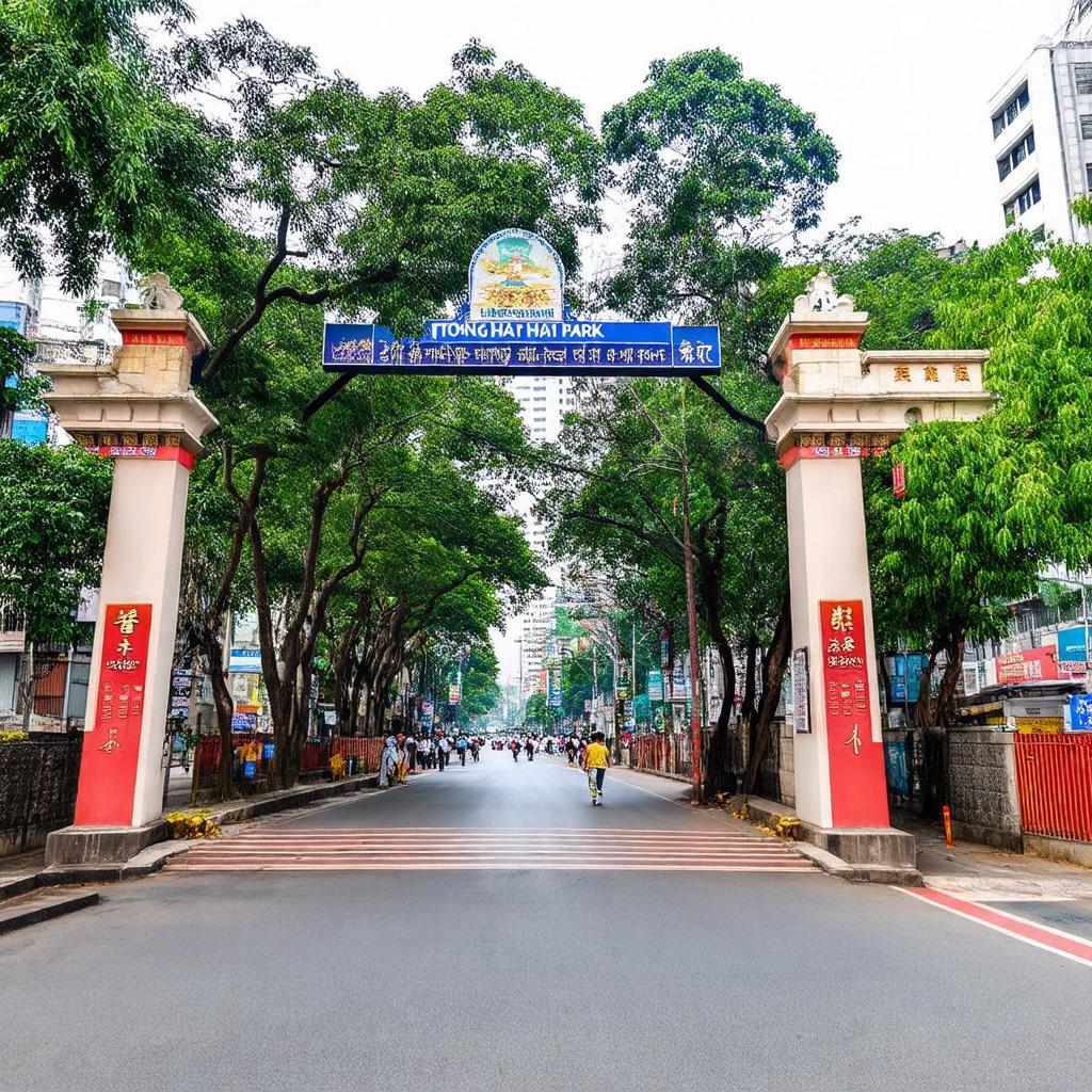 Cổng chính Công viên Thống Nhống nhìn ra mặt đường Đại Cồ Việt tấp nập